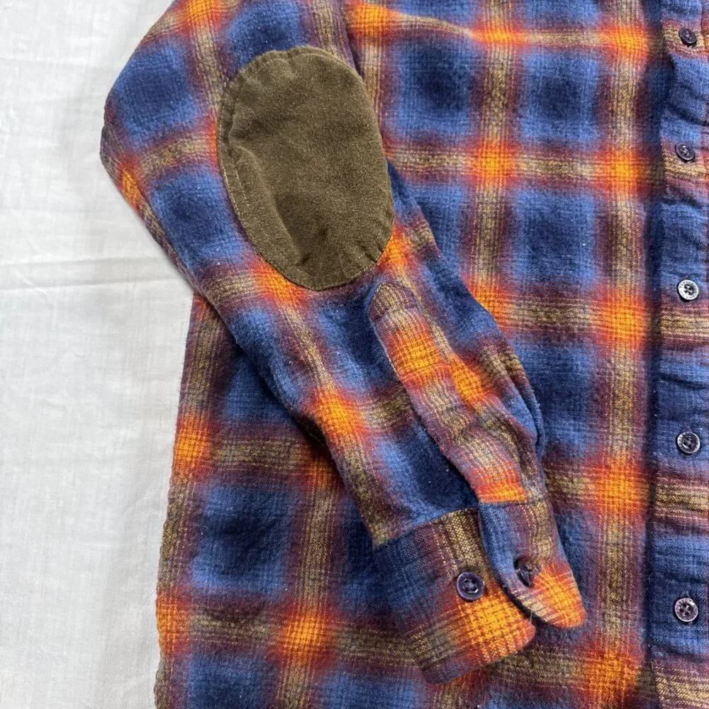 Mens Pendleton Blue Orange Shadow Plaid Trail Shirt Elbow Patch Pad Size Large - Picture 3 of 16